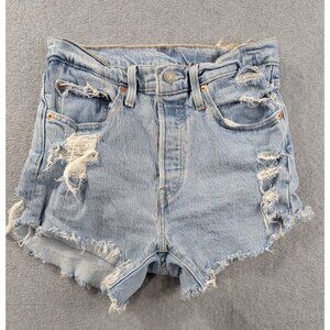 Levis 501 Shorts Womens SZ 27 Blue Cut Off Distressed Stretch Button Fly Boho